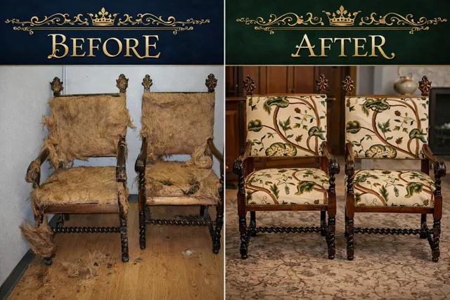Before: two carved oak-coloured armchairs with barley-twist legs, their upholstery torn away to bare hessian and stuffing spilling onto the floor. After: the same two chairs re-covered in a cream fabric with a green and rust crewel vine pattern, the frames cleaned and glowing.