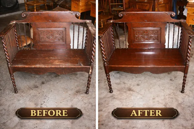 Before: a small hall bench with barley-twist spindles and a carved back panel, its finish scuffed and worn. After: the same bench refinished an even dark brown.