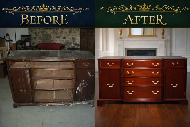 Before: a bow-front sideboard with a bleached, water-stained top, doors hanging open and drawers missing, in a stone-walled workshop. After: the same sideboard refinished a deep red-brown with polished brass handles, in front of a marble fireplace.