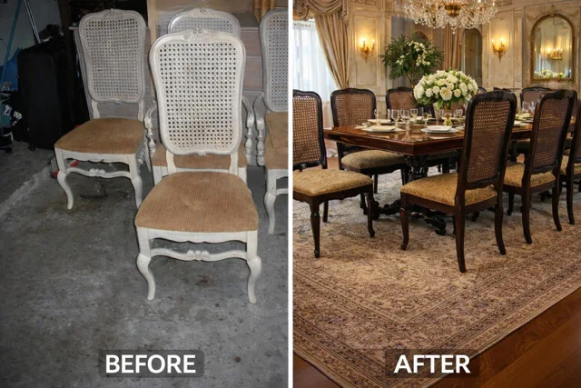 Before: a set of cane-back dining chairs painted white with worn tan seats, on a concrete floor. After: the same chairs refinished a dark brown with new patterned seats around a dining table under a chandelier.