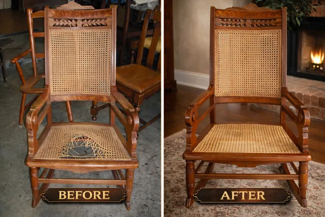 Before: a carved rocking chair with a cane back and a cane seat broken through in the centre, standing on a garage floor. After: the same rocker in front of a fireplace with a new hand-woven cane seat and the original back.