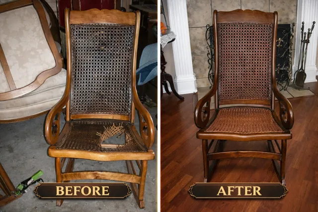 Before: a bentwood rocking chair with a cane back and a cane seat broken through, in a cluttered workshop. After: the same rocker with a new hand-woven cane seat and a refinished frame, in front of a fireplace.