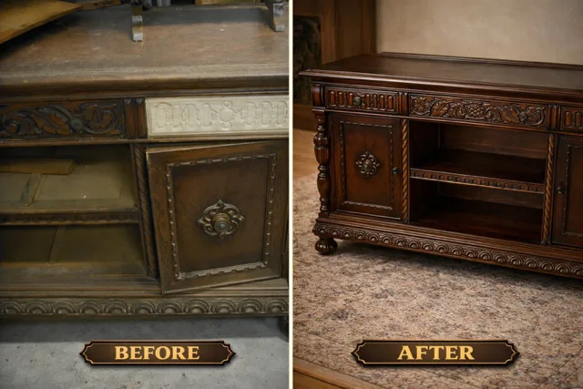 Before: a close view of a buffet with carved doors and frieze under a dry, grey finish. After: the same carving refinished a deep brown, every leaf and scroll sharp.