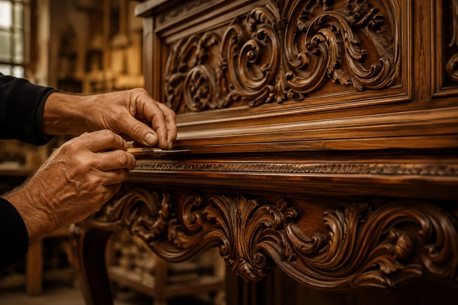 A craftsman's hands working a chisel along the moulding of a carved walnut cabinet