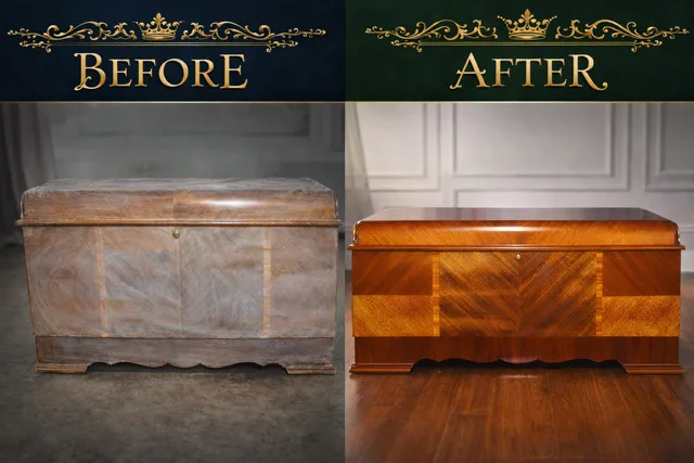 Before: a 1930s-style waterfall cedar chest with a hazy, greyed-out finish in a workshop. After: the same chest refinished, its book-matched veneer front glowing amber and brown against a panelled wall.