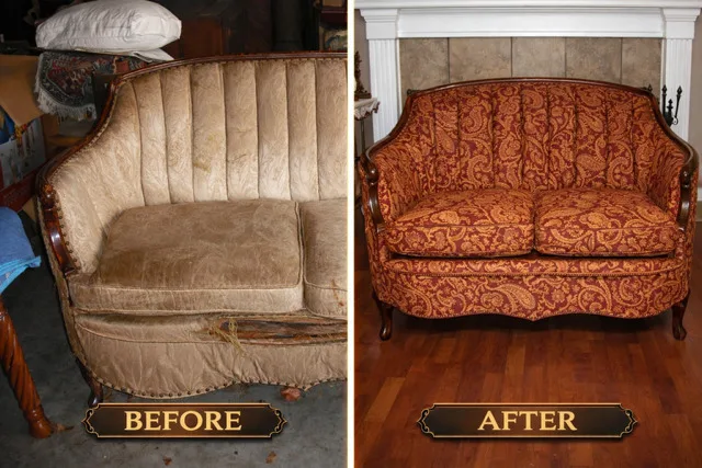 Before: a small channel-back settee in faded, torn beige fabric with the skirt hanging loose, in a garage. After: the same settee re-covered in a red and gold paisley fabric, the channelled back crisp and the cushions plump, in front of a tiled fireplace.