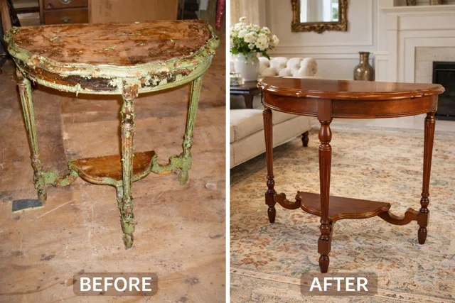 Before: a half-round console table with green paint peeling off in sheets. After: the same table stripped and refinished a warm brown, with turned legs and a lower shelf, in a sitting room.