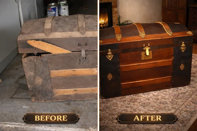 Before: a battered dome-top steamer trunk with broken wooden slats and a split lid, sitting on a garage floor. After: the same trunk restored, with new slats, a dark leather-look body and polished brass corners, clasps and lock.