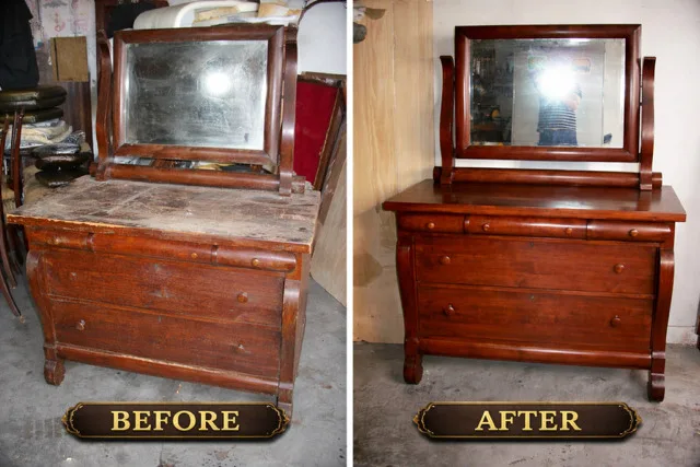 Before: a dresser with a swing mirror, its top worn through to bare wood, in a cluttered workshop. After: the same dresser refinished a deep red-brown with the mirror re-set.
