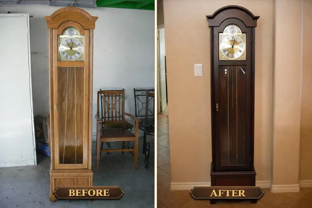 Before: a tall-case grandfather clock in a pale honey finish standing in a garage beside a chair. After: the same clock refinished a deep dark brown, standing against a warm plaster wall with its brass dial cleaned.