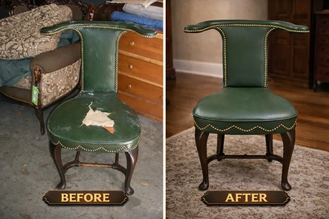 Before: a dark side chair with a green leather seat torn open to the padding and worn arms. After: the same chair in new green leather with a scalloped apron and brass nail trim.