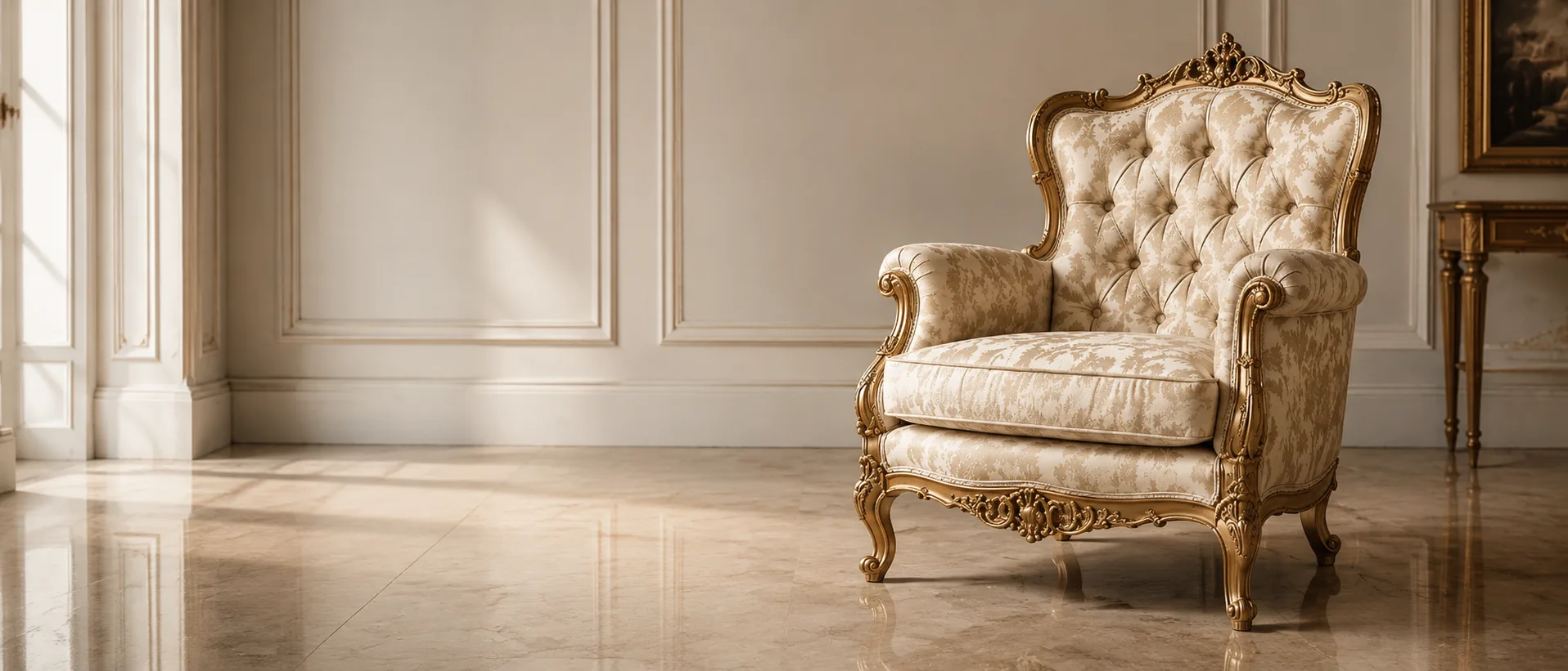 A restored armchair in cream damask with carved gilt frame, standing on a marble floor in a panelled salon