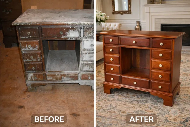 Before: a kneehole desk with white paint flaking off its drawers, on a plywood floor. After: the same desk refinished a warm brown with new brass pulls, in a sitting room.