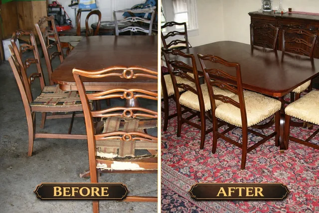 Before: a dining table and ladder-back chairs with torn plaid seats in a garage. After: the same set with the table refinished and the chairs re-covered in cream, on a red patterned rug.