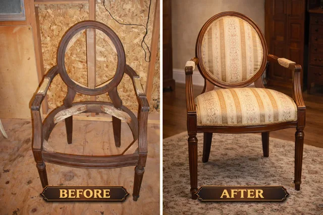 Before: the bare wooden frame of an oval-back armchair with no upholstery at all, against a plywood wall. After: the same chair with the frame refinished and the back, arms and seat upholstered in a cream and gold striped fabric.