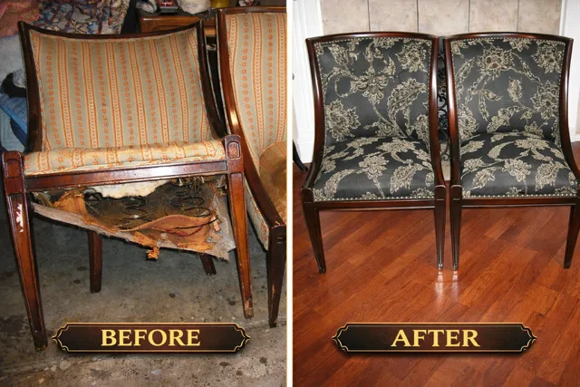 Before: a side chair in worn striped fabric with its seat webbing collapsed and springs hanging below the rail. After: two matching chairs re-covered in a navy and gold damask with brass nail trim, on a wood floor.