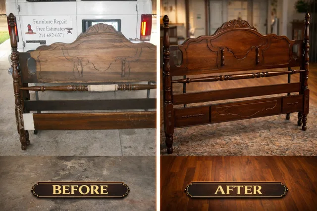 Before: the headboard and footboard of a poster bed with a dull, scratched finish, leaning outside a van. After: the same pieces refinished a deep brown with the carved crest and turned posts crisp.