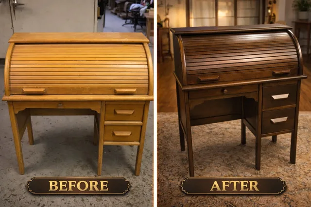 Before: a small blonde roll-top desk with a tambour top and two side drawers, in a workshop. After: the same desk refinished a deep brown with the tambour closed and the drawer pulls replaced, on a rug in a sitting room.