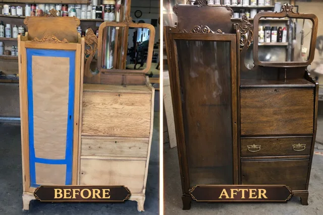 Before: a side-by-side secretary bookcase stripped to raw pale wood, its glass door masked with paper and tape and its mirror leaning loose, in a workshop. After: the same piece reassembled and finished a deep brown, with the curved glass door, mirror and carved crest in place.