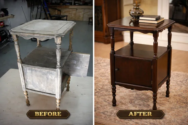 Before: a small cabinet on turned legs with peeling grey paint, in a workshop. After: the same cabinet refinished a deep brown with a lamp and books on top.