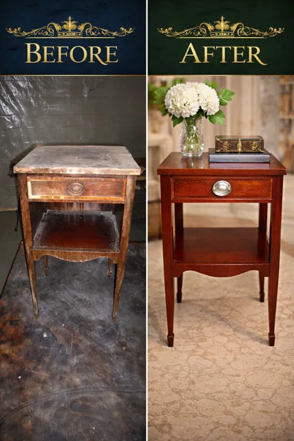 Before: a small side table with one drawer and a lower shelf, its top grey and worn, in a garage. After: the same table refinished a warm red-brown with a polished brass pull, holding a vase of white flowers.