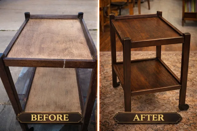 Before: a two-tier wooden tea cart with a pale, sun-bleached finish, outdoors. After: the same cart refinished a deep brown, in a shop.