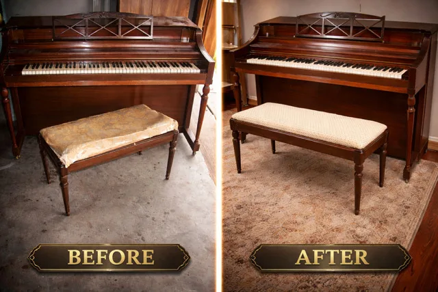 Before: an upright piano with a dull finish and a bench with a torn seat, in a workshop. After: the same piano refinished a deep red-brown with the bench re-covered in cream, on a rug.