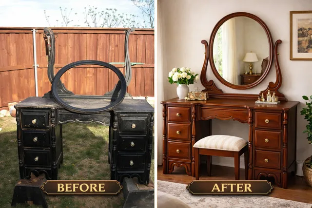 Before: a dressing table painted black with its oval mirror frame lying loose on top, outdoors by a fence. After: the same vanity refinished a warm brown with the mirror mounted and a striped bench in front.