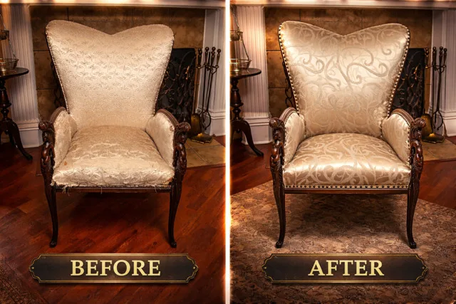 Before: a wingback armchair in worn ivory fabric with carved wooden arms, beside a fireplace. After: the same chair re-covered in a fresh ivory damask with brass nail trim along every edge.